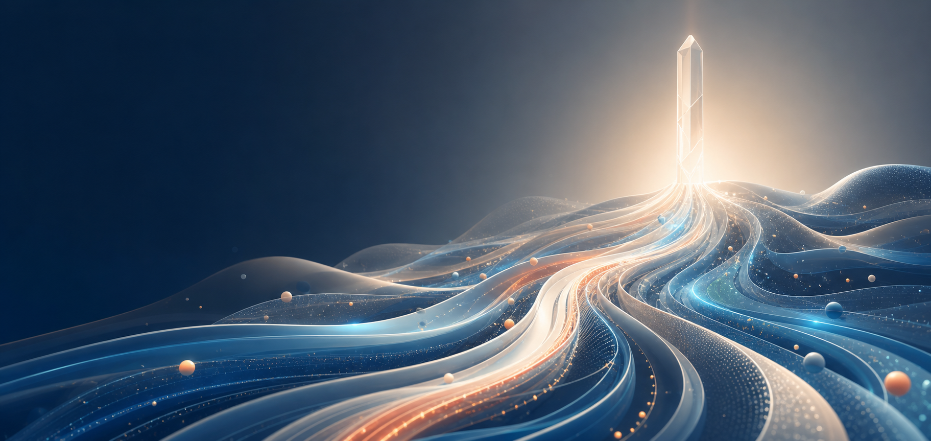 Flowing digital pathways converging toward a clear horizon